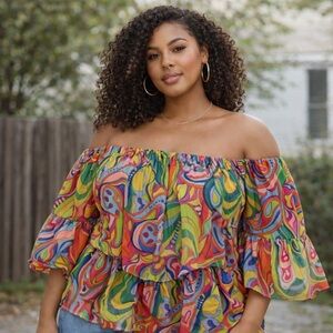 Women's Off The Shoulder Boho Hippie Colorful Geometric Print Blouse 18-20